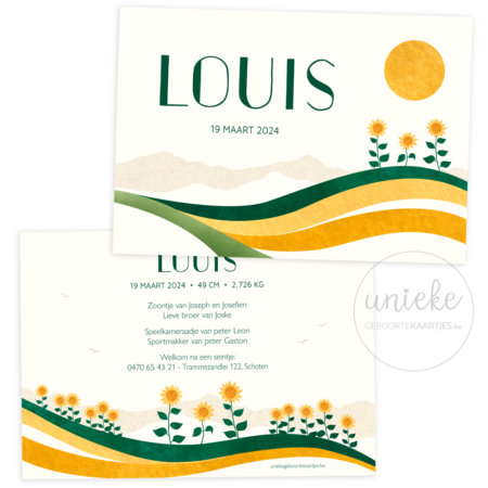 De voorkant en de achterkant van het geboortekaartje van Louis met zonnebloemen en een zon
