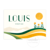 De voorkant van het geboortekaartje van Louis met zonnebloemen en een zon