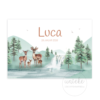 geboortekaartje-luca-hertjes-voorkant De voorkant van het geboortekaartje van Luca met hertjes en een waterval