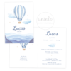 De voorkant en de binnenkant van het geboortekaartje van Lucas met een luchtballon