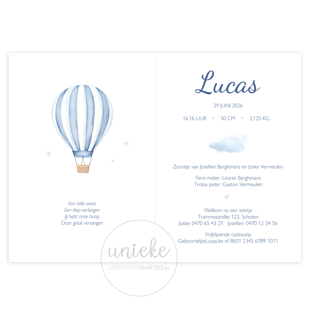 De binnenkant van het geboortekaartje van Lucas met luchtballon