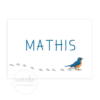 De voorkant van het geboortekaartje van Mathis met een vogel